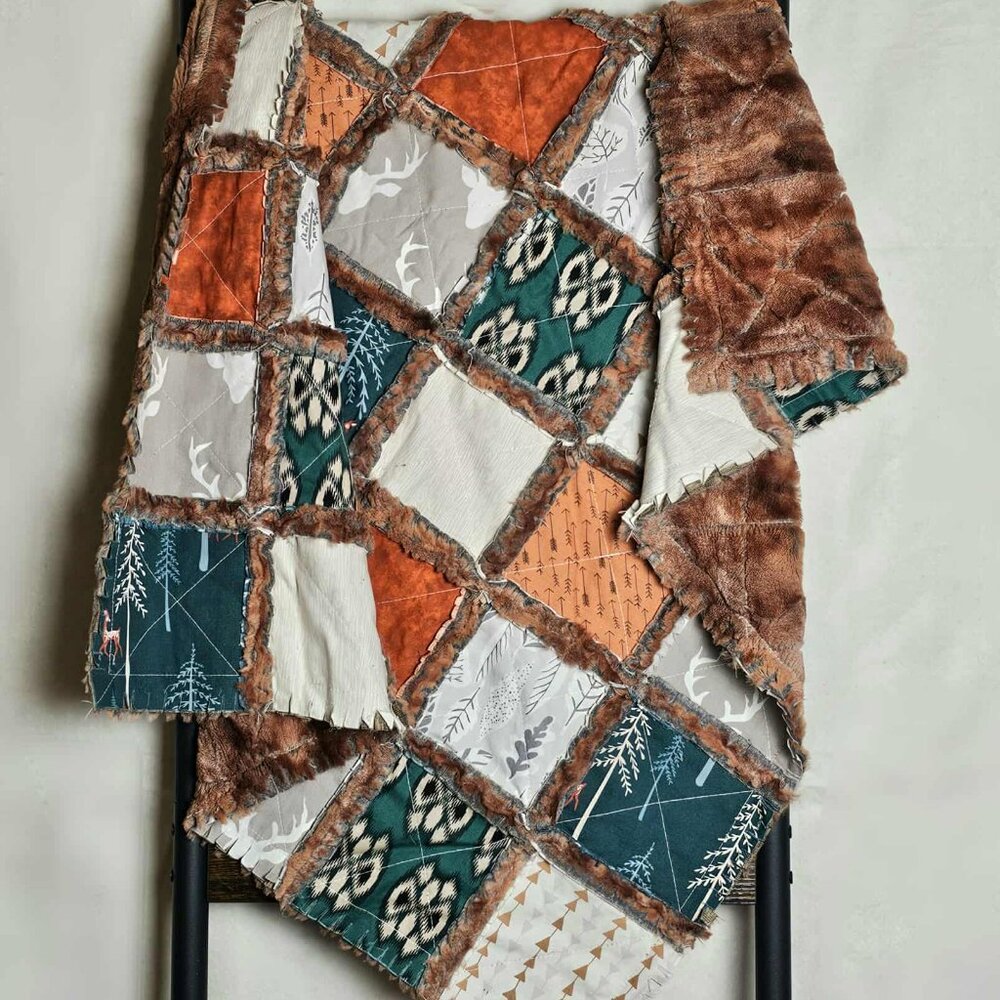 Patchwork Mini Crib Quilt, Mini Crib Bedding, Rag Quilt